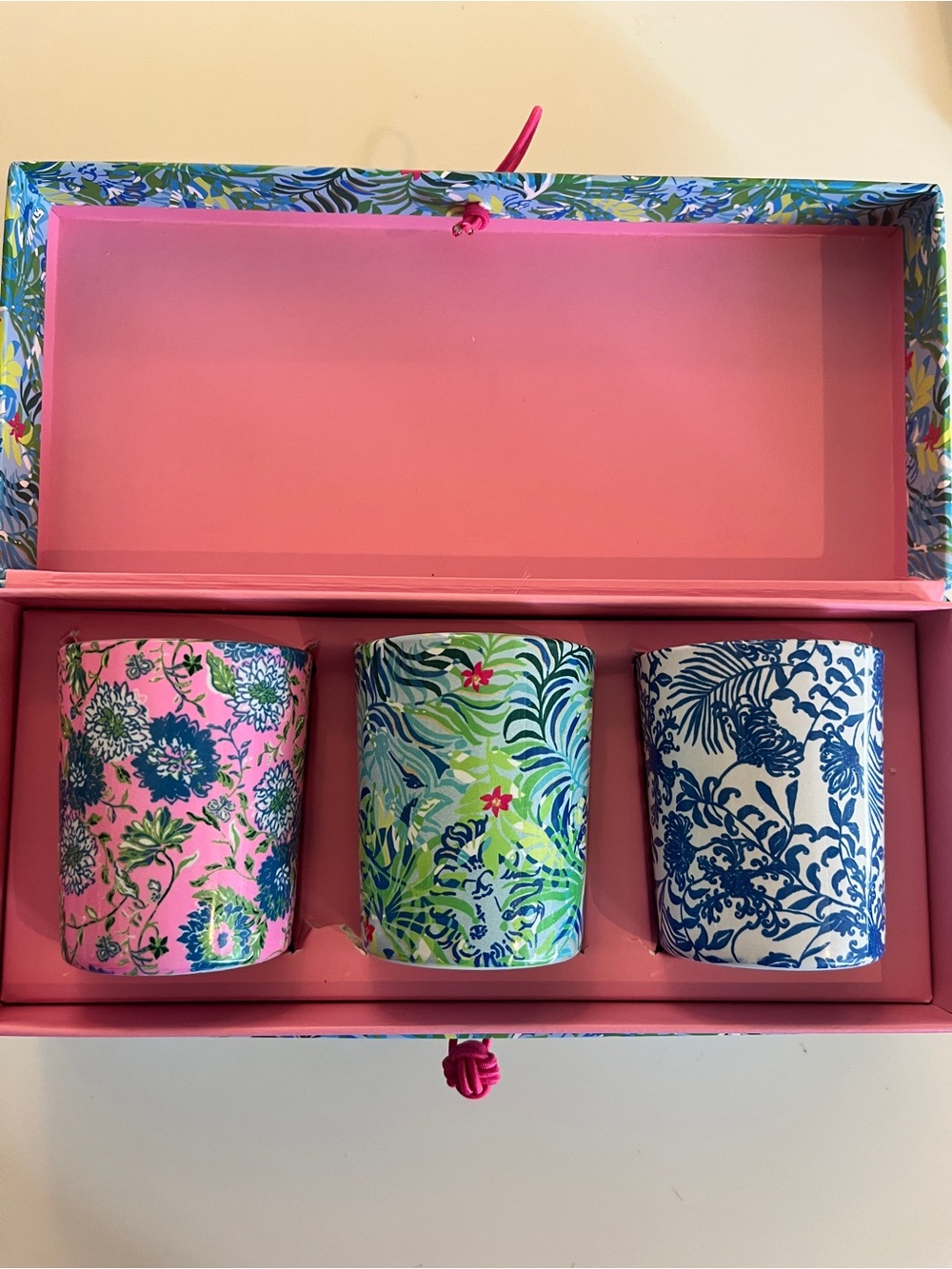 Lilly Pulitzer Pink Green Blue Printed Floral Candle Trio